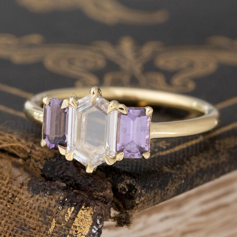 1.33ctw Portrait Cut Diamond & Purple Sapphire Trilogy Ring