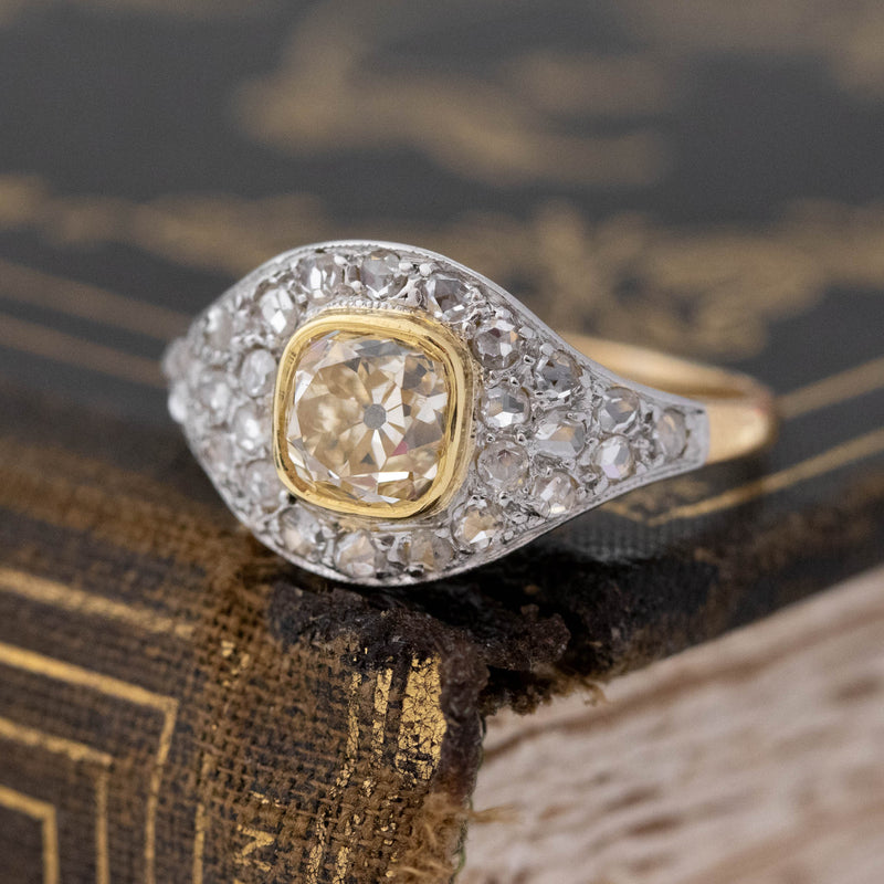 1.81ctw Vintage Yellow Old Mine Cut Diamond Cluster Ring, GIA FLBY SI2