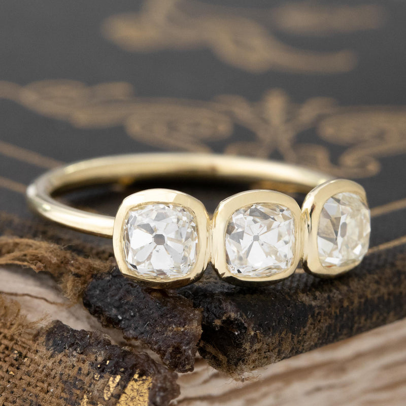 1.46ctw Old Mine Cut Diamond Bezel Trilogy Ring