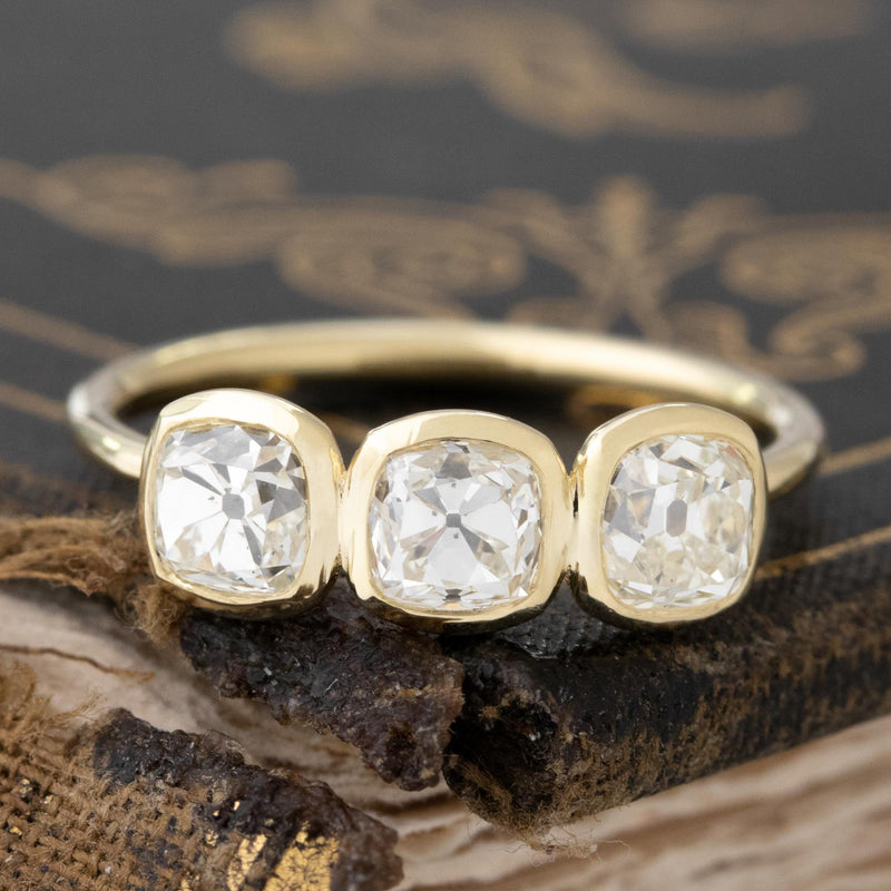 1.46ctw Old Mine Cut Diamond Bezel Trilogy Ring