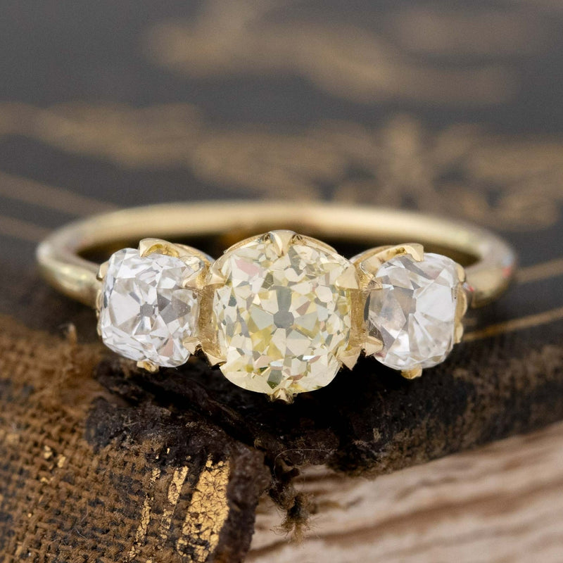 2.03ctw Old Mine Cut Diamond Trilogy Ring, GIA Fancy Color