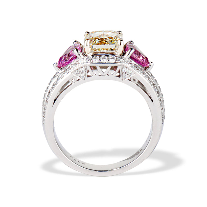2.18ct Radiant Cut Diamond and Pink sapphire 3-Stone Ring by DBL GIA W-X, VS2