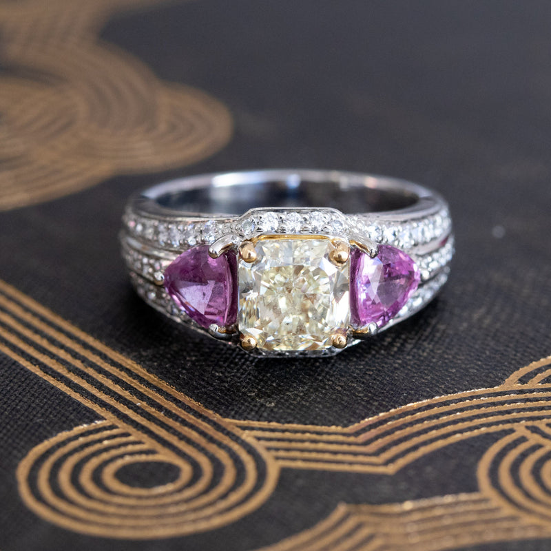 2.18ct Radiant Cut Diamond and Pink sapphire 3-Stone Ring by DBL GIA W-X, VS2