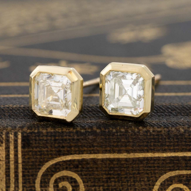2.21ctw Asscher Cut Diamond Bezel Stud Earrings, GIA