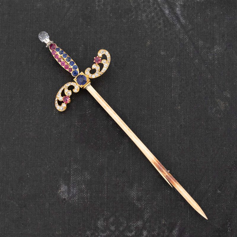 2.40ctw Antique Diamond, Ruby & Sapphire Sword Pin