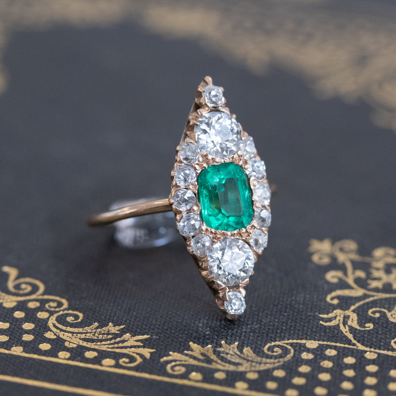 2.55ctw Antique Emerald and Diamond Navette Ring