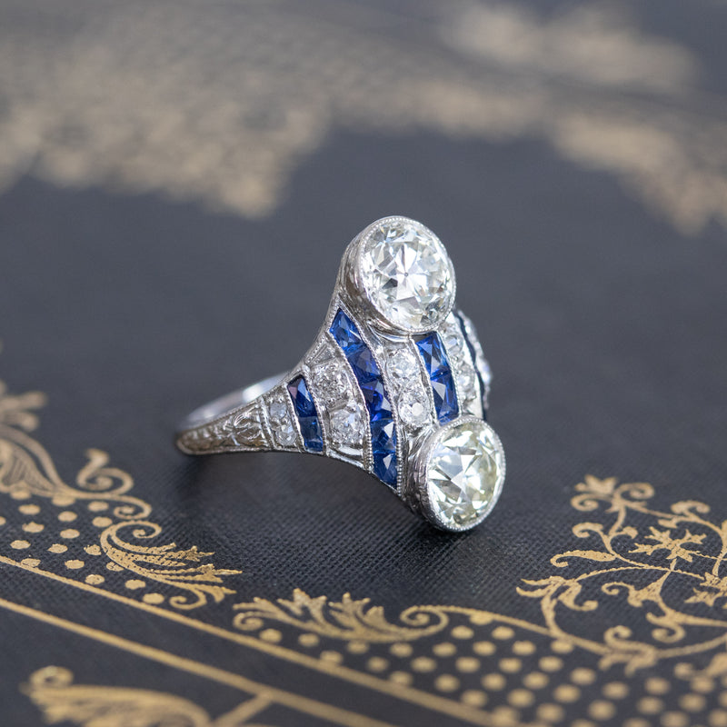 3.08ctw Edwardian Toi et Moi OEC and Sapphire Ring