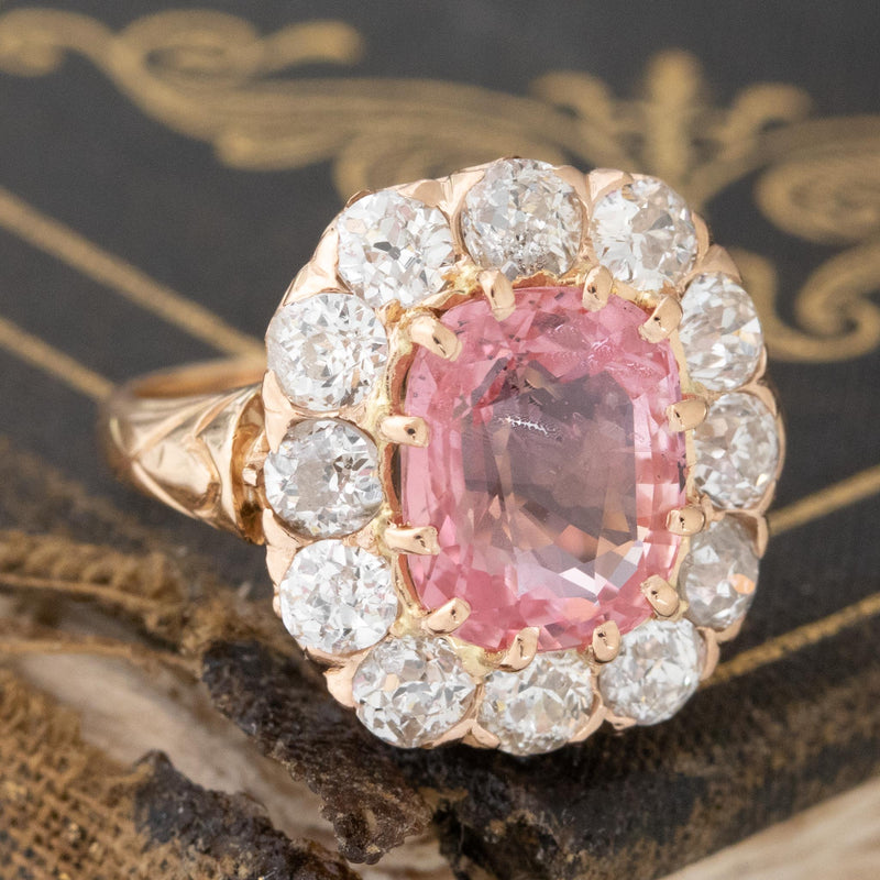 4.65ctw "Sunrise" Orange-Pink Padparadscha Sapphire & Diamond Cluster Ring, No-Heat