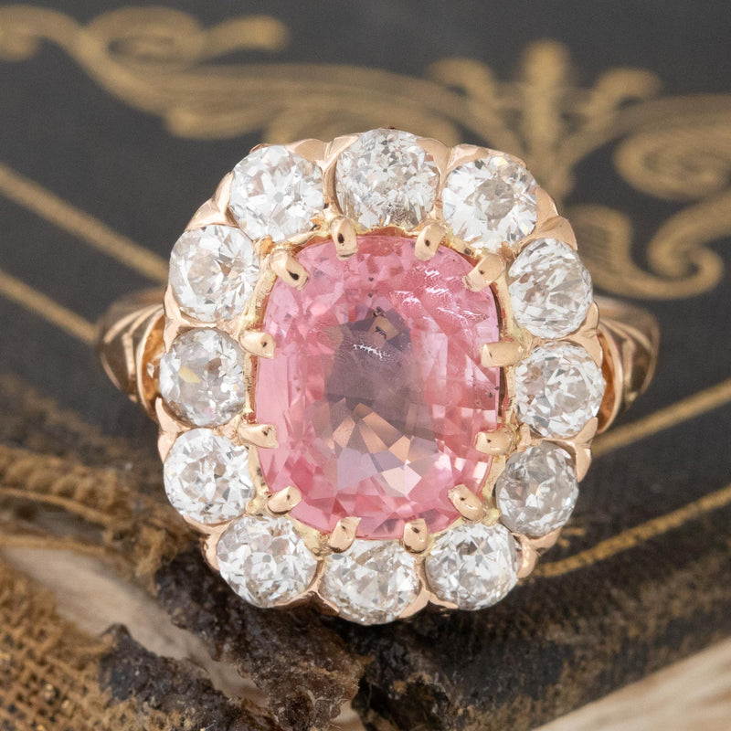 4.65ctw "Sunrise" Orange-Pink Padparadscha Sapphire & Diamond Cluster Ring, No-Heat