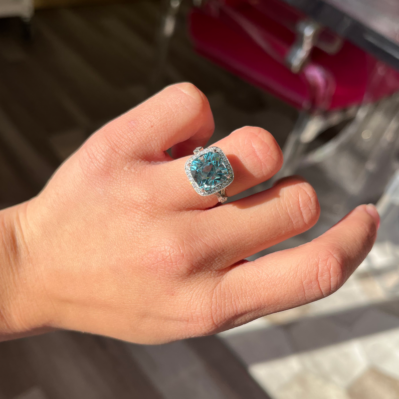 6.64ctw Aquamarine & Diamond Halo Ring, by Canera