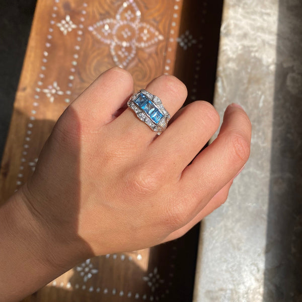 2.42ctw Vintage Diamond & Aquamarine Princess Ring