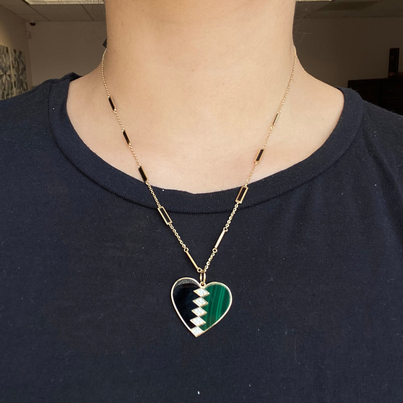 Onyx, Malachite, and Gold Heart Necklace