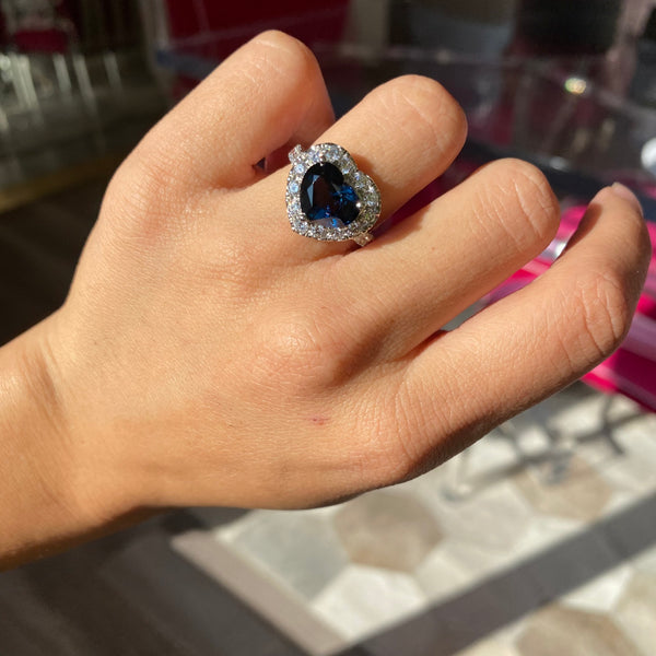 5.11ctw Blue Spinel Heart Diamond Halo Cocktail Ring