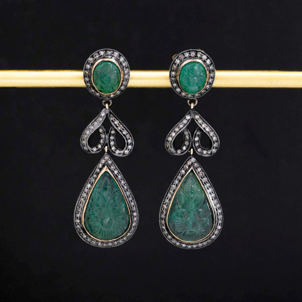 14.77ctw Carved Cabochon Emerald & Diamond Drop Earrings