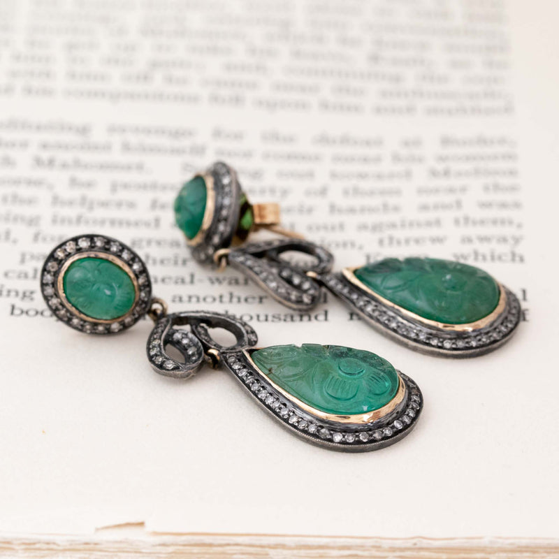 14.77ctw Carved Cabochon Emerald & Diamond Drop Earrings