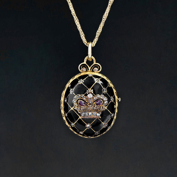 Antique Diamond & Enamel Crown Locket Pendant, French