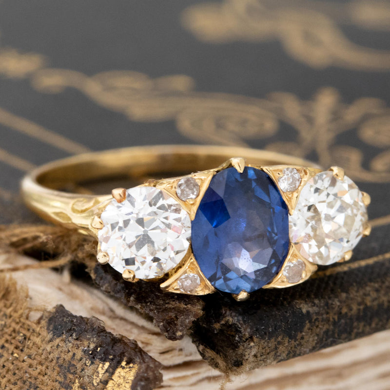 2.62ctw Old European Cut Diamond & Sapphire Trilogy Ring