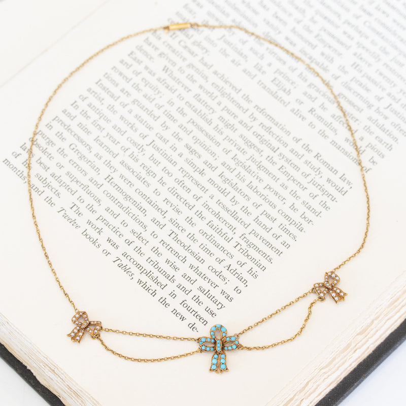 Antique Triple Bow Necklace, with Turquoise and Seed Pearls