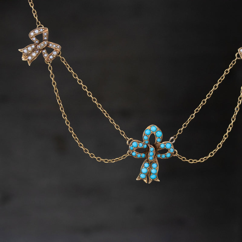 Antique Triple Bow Necklace, with Turquoise and Seed Pearls
