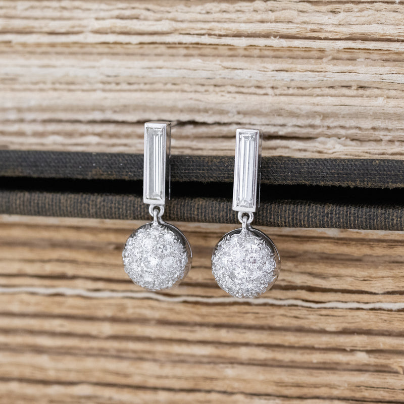 1.50ctw Baguette Cut Diamond Pave Ball Cluster Drop Earrings