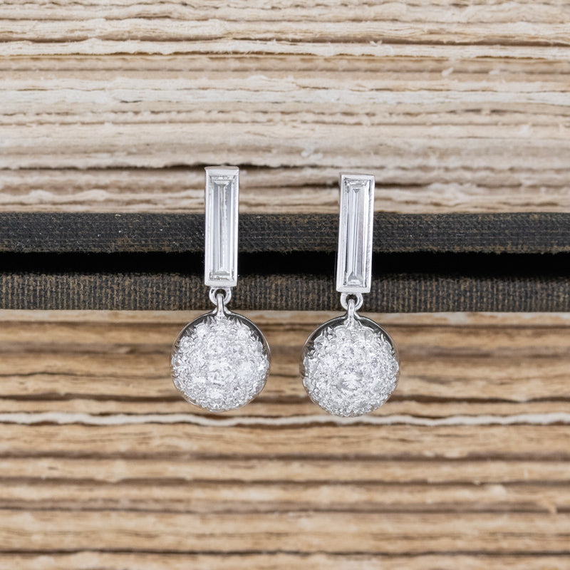 1.50ctw Baguette Cut Diamond Pave Ball Cluster Drop Earrings