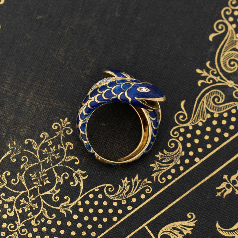 Vintage "Pisces" Blue Enamel & Diamond Bypass Ring, by Fred Paris