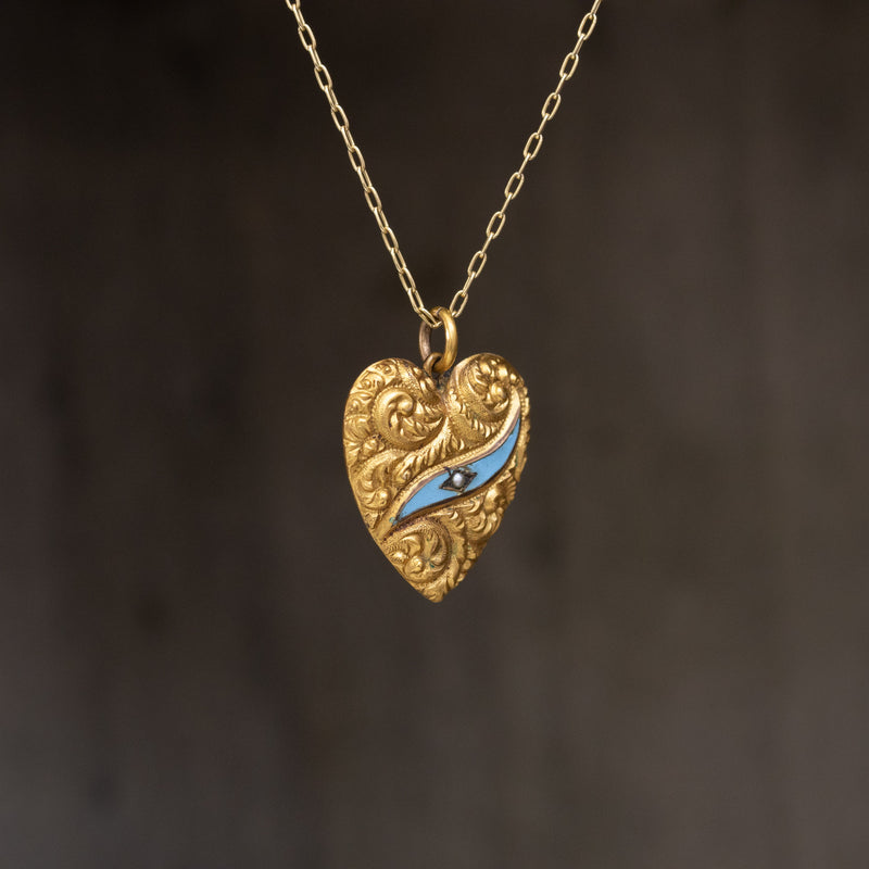 Victorian Engraved Heart Pendant with Enamel