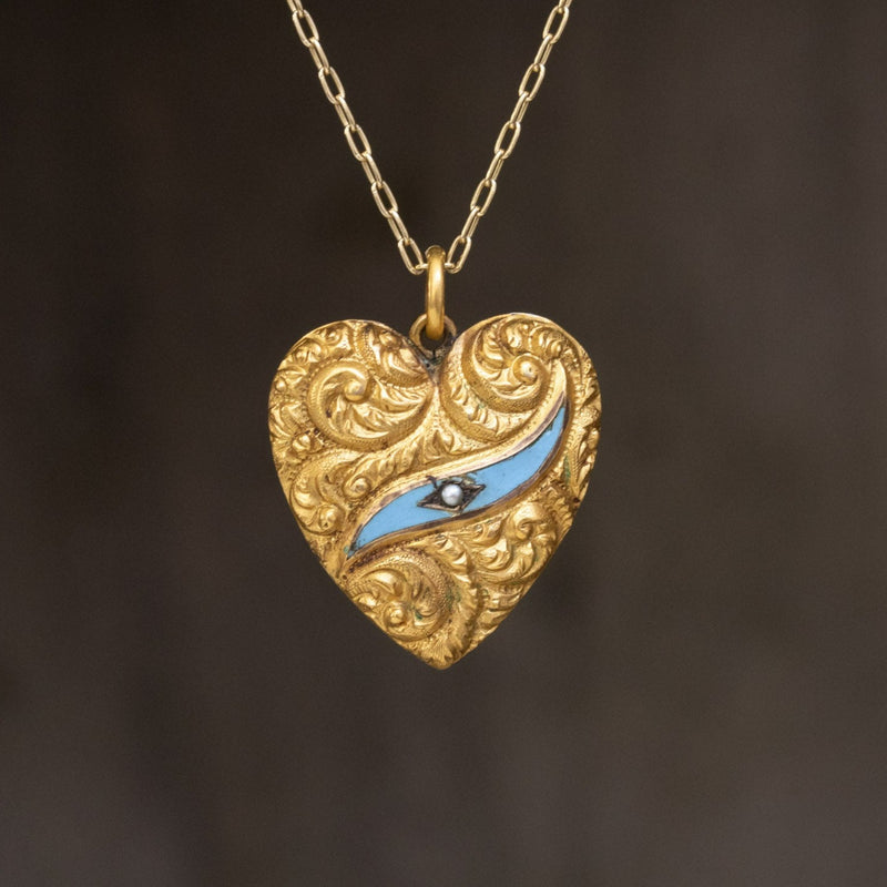 Victorian Engraved Heart Pendant with Enamel