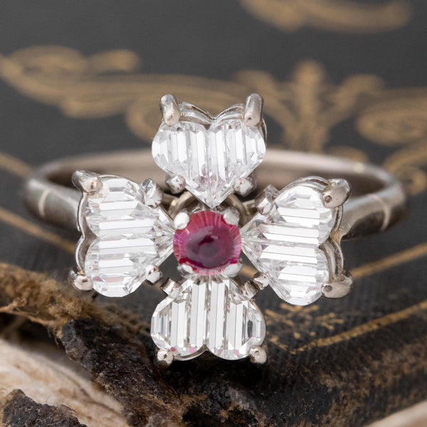 1.02ctw Carved Heart Cut Diamond & Ruby Ring