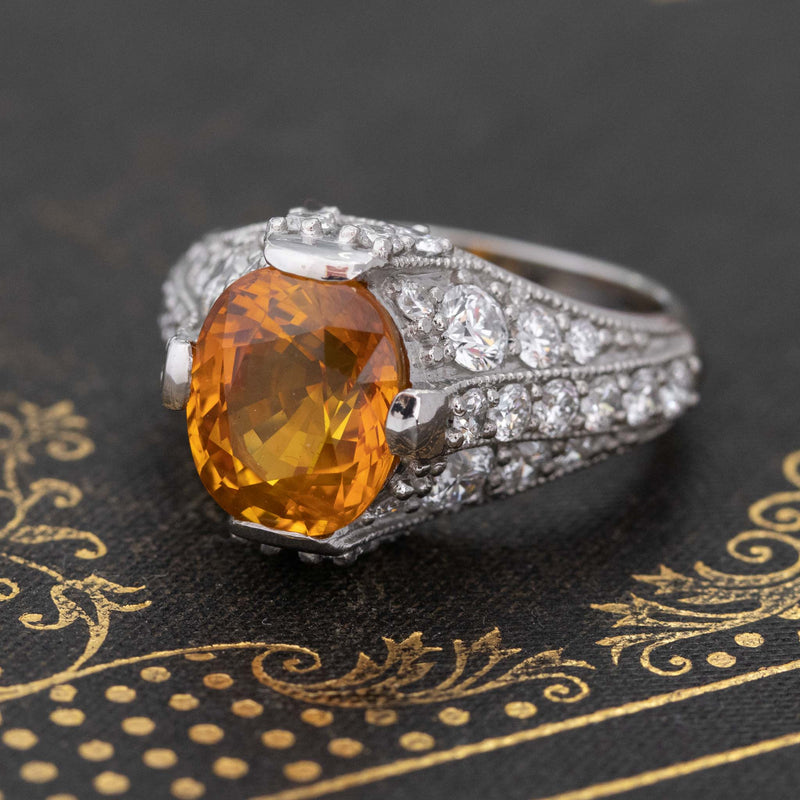 6.73ctw Yellow-ish Orange Sapphire Diamond Cluster Ring