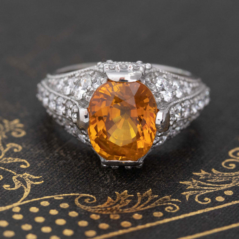 6.73ctw Yellow-ish Orange Sapphire Diamond Cluster Ring