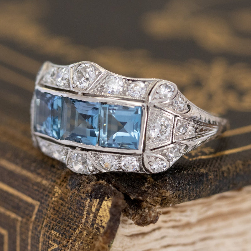 2.42ctw Vintage Diamond & Aquamarine Princess Ring