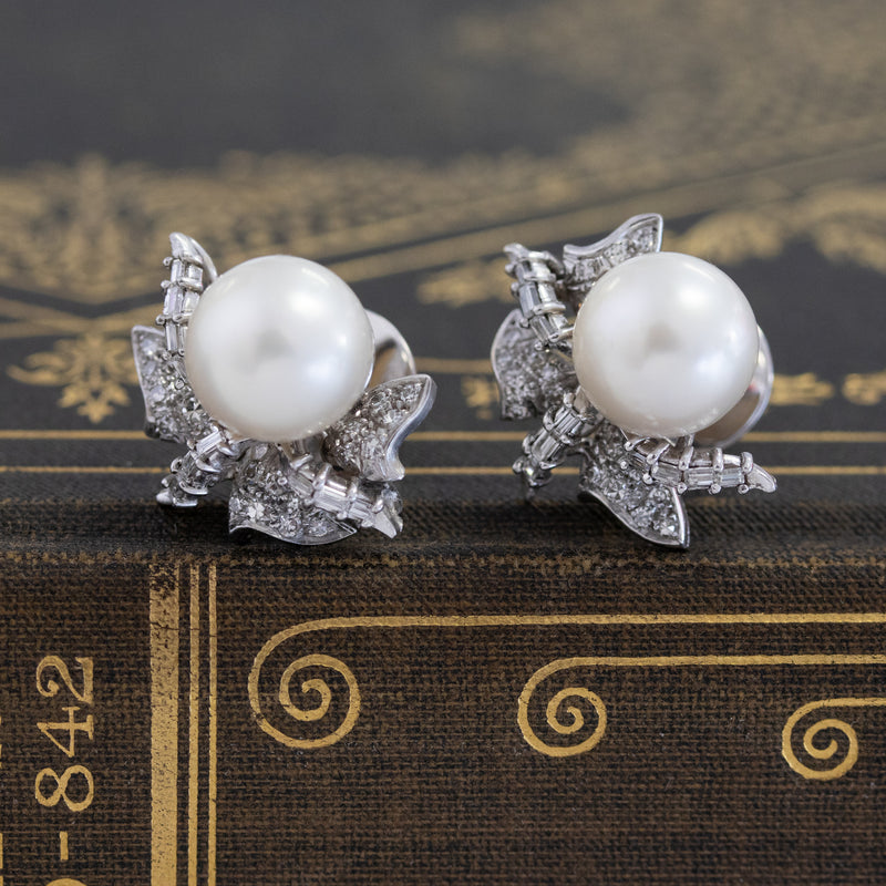 .75ctw Diamond & Pearl Leaf Motif Earrings