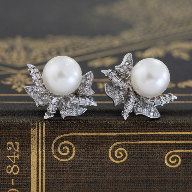 .75ctw Diamond & Pearl Leaf Motif Earrings
