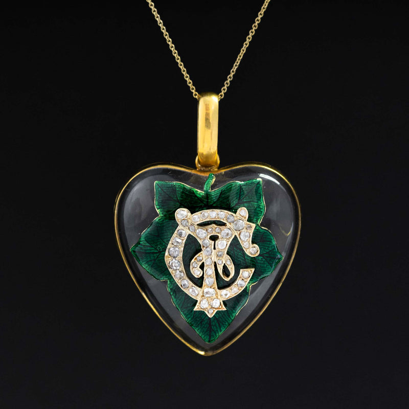 Antique Diamond, Rock Crystal & Enamel Leaf Heart Locket