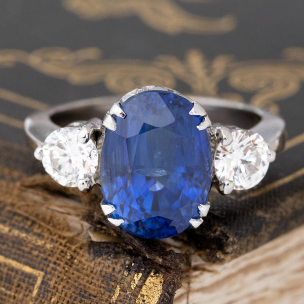 9.44ctw Vintage Diamond & Ceylon Sapphire Trilogy Ring