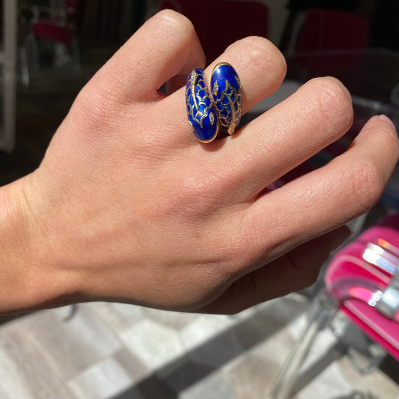 Vintage "Pisces" Blue Enamel & Diamond Bypass Ring, by Fred Paris