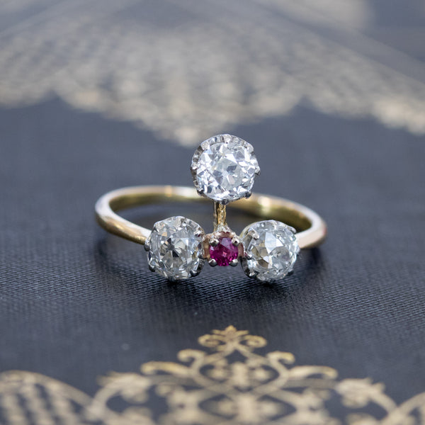 1.71ctw (est) Edwardian Old Mine Cut Trios Diamond Ring, French