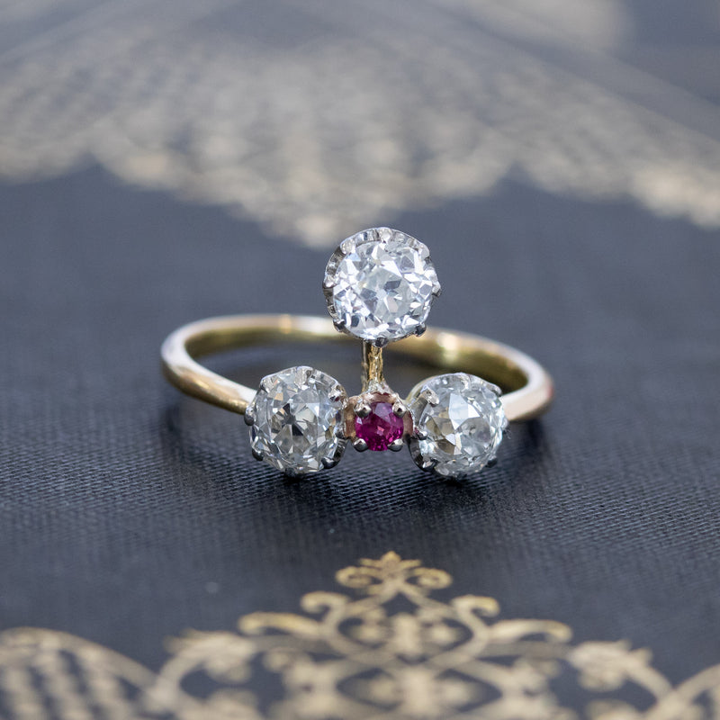 1.71ctw (est) Edwardian Old Mine Cut Trios Diamond Ring, French
