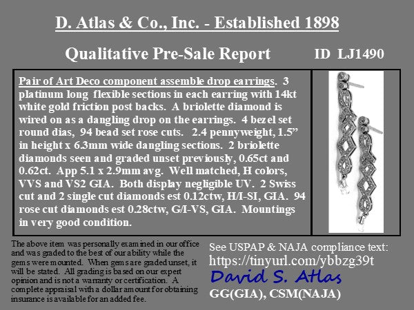 1.67ctw Art Deco Briolette Diamond Drop Earrings