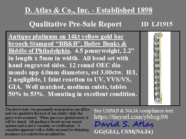 Antique 3.00ctw Old European Cut Diamond Pin, by Bailey Banks & Biddle
