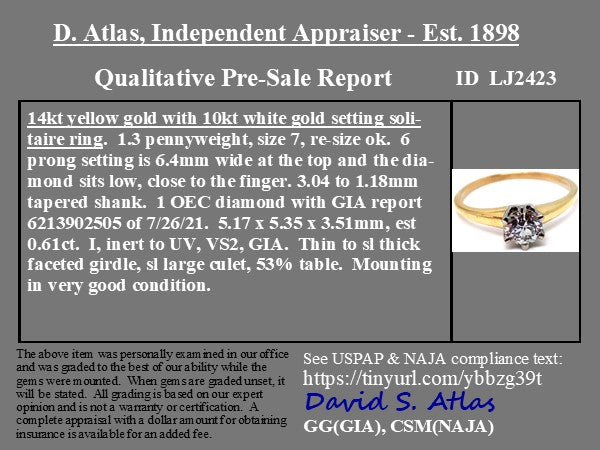 .62ct Old European Cut Diamond Solitaire, GIA I VS2