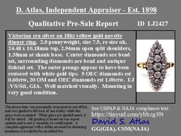 1.60ctw Victorian Old European Cut Diamond Navette Ring