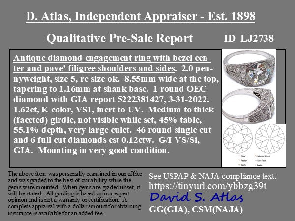 1.74ctw Edwardian-era Old European Cut Diamond Solitaire, GIA K VS1