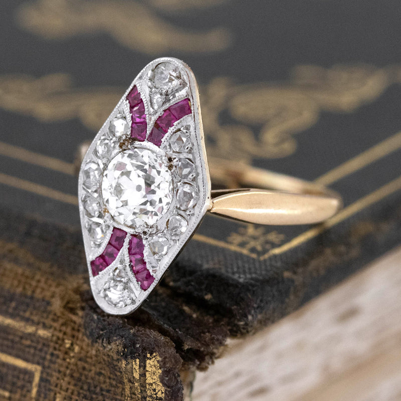 1.24ctw Vintage Old European Cut Diamond Ruby Navette Ring