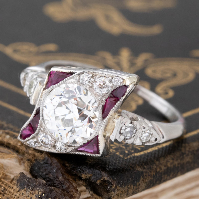 1.92ctw Art Deco Old European Cut Diamond & Ruby Ring