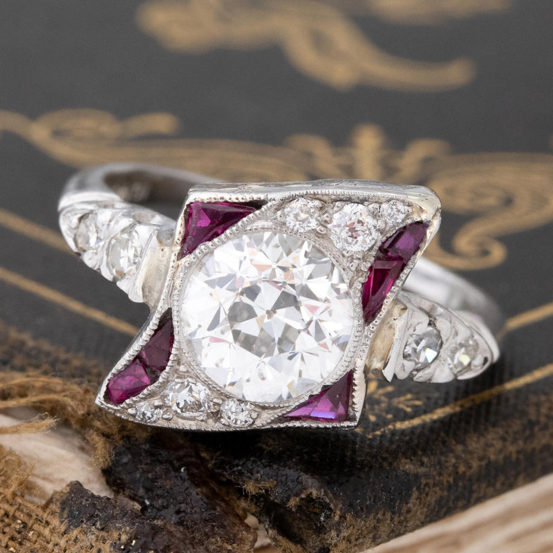 1.92ctw Art Deco Old European Cut Diamond & Ruby Ring