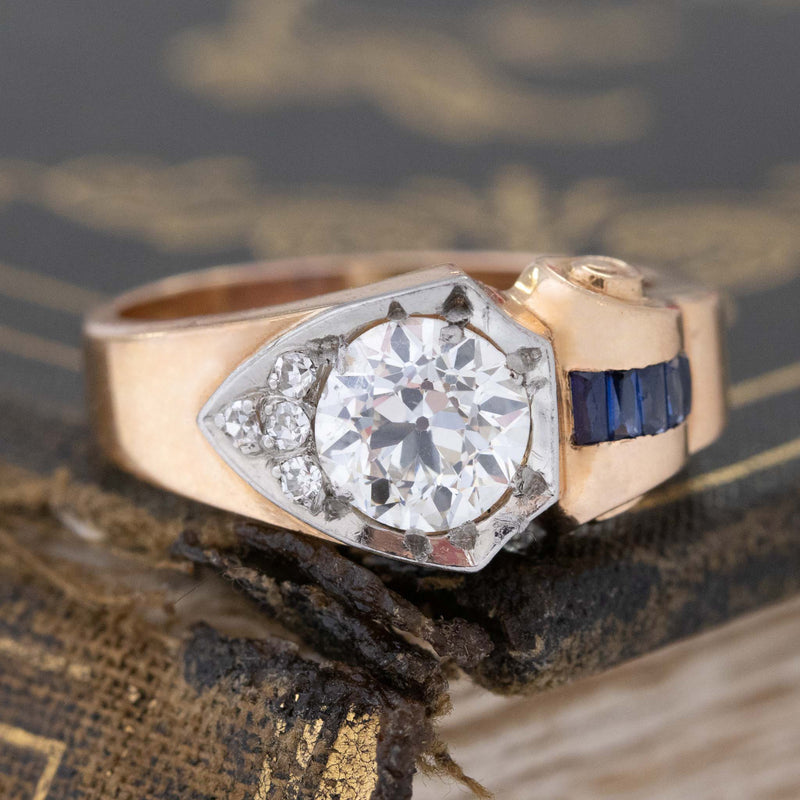 1.31ctw Retro Art Old European Cut Diamond & Sapphire Ring