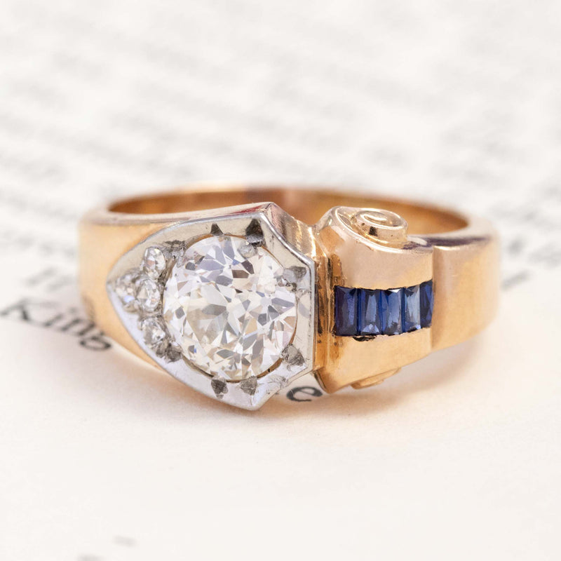 1.31ctw Retro Art Old European Cut Diamond & Sapphire Ring