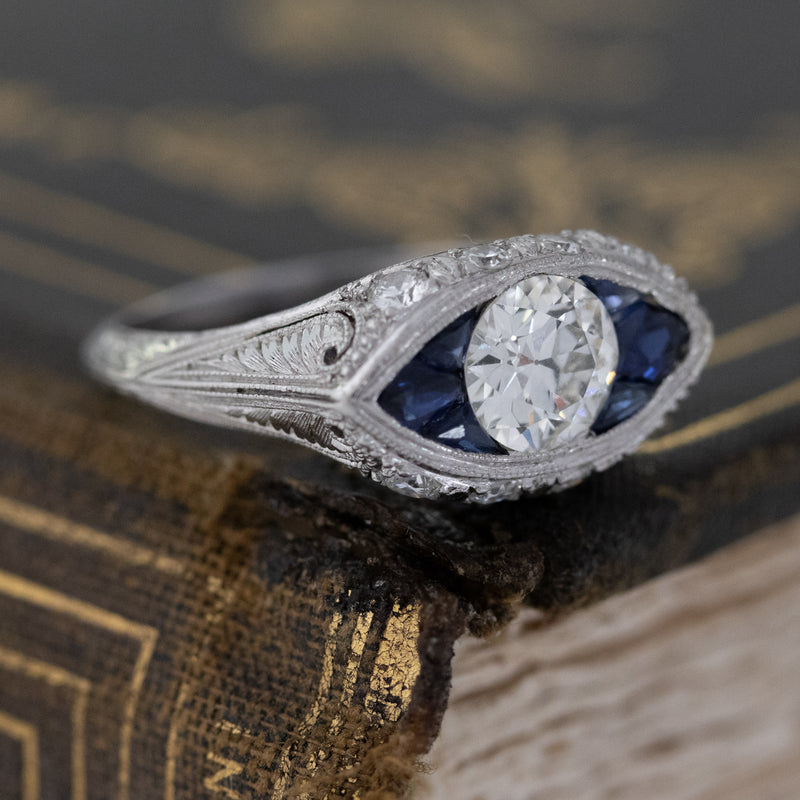 1.14ctw Art Deco Diamond & Sapphire Target Ring